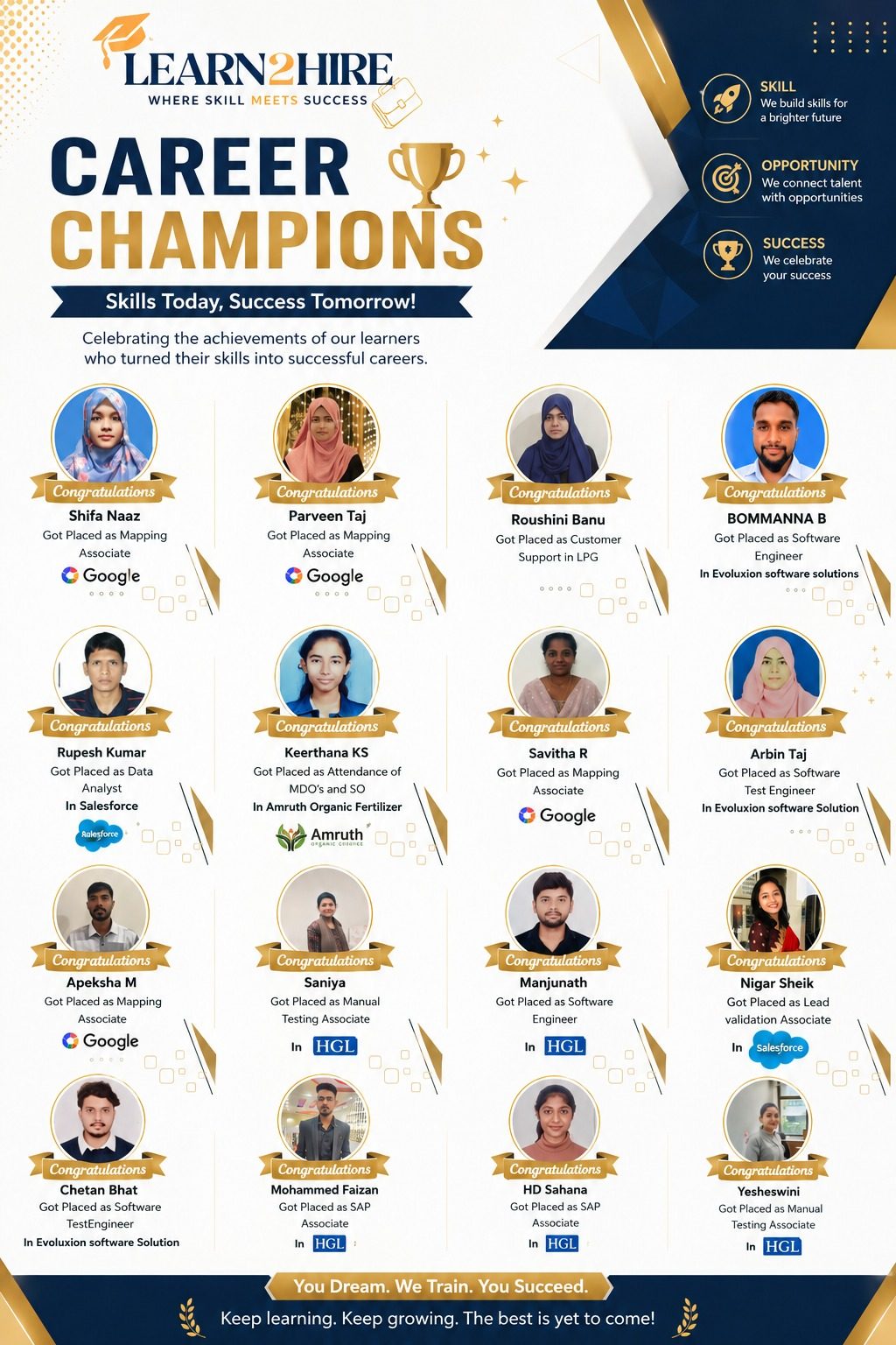 Learn2Hire success stories — students placed at Google, HGL, Unitechie Solutions and more